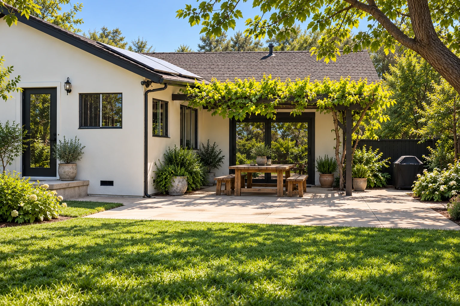 Illustrative backyard with a green lawn, shaded pergola and wooden picnic table