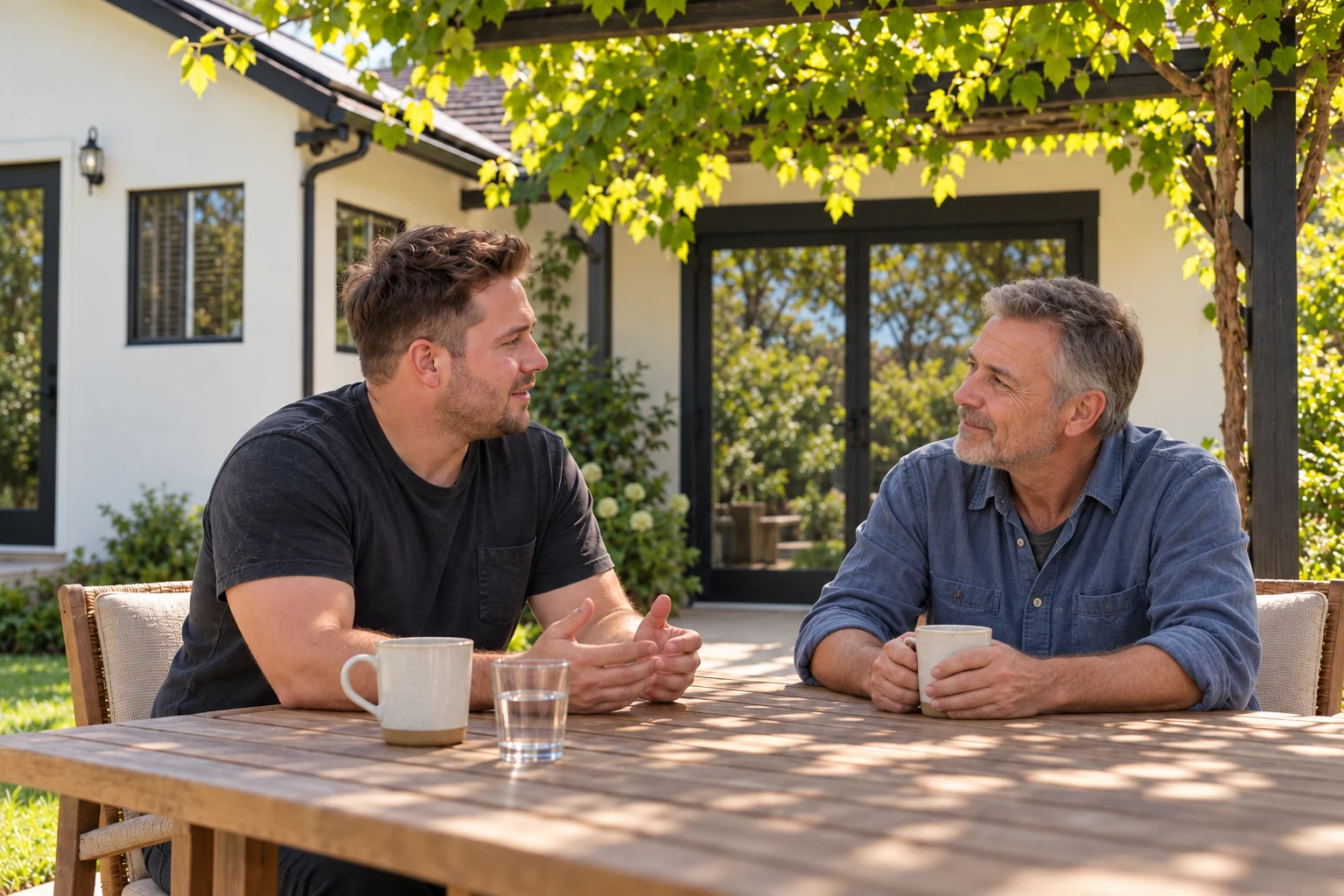 Illustrative scene of a father and his adult son talking at a shaded outdoor table