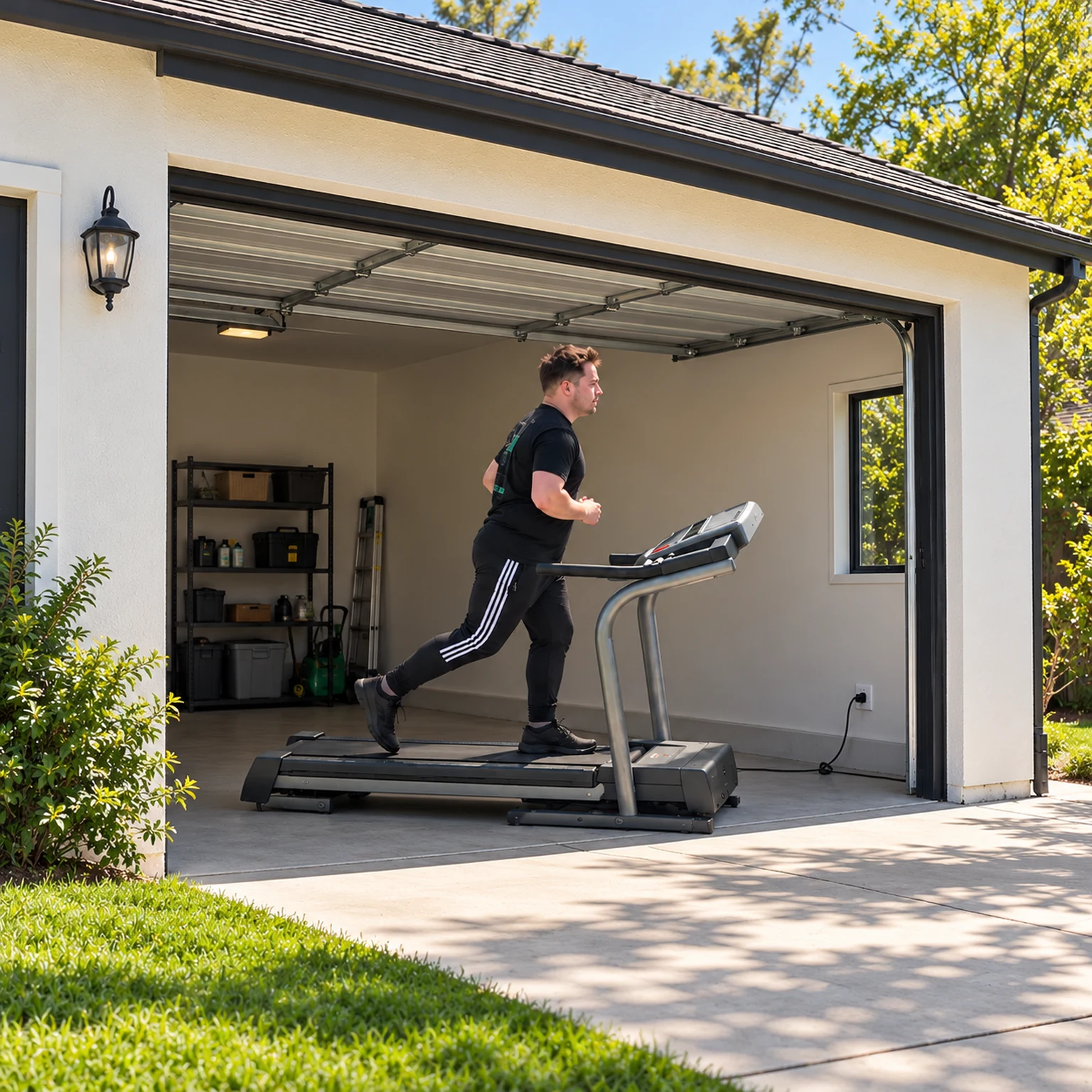 Illustrative scene of a man exercising on a treadmill inside an open garage